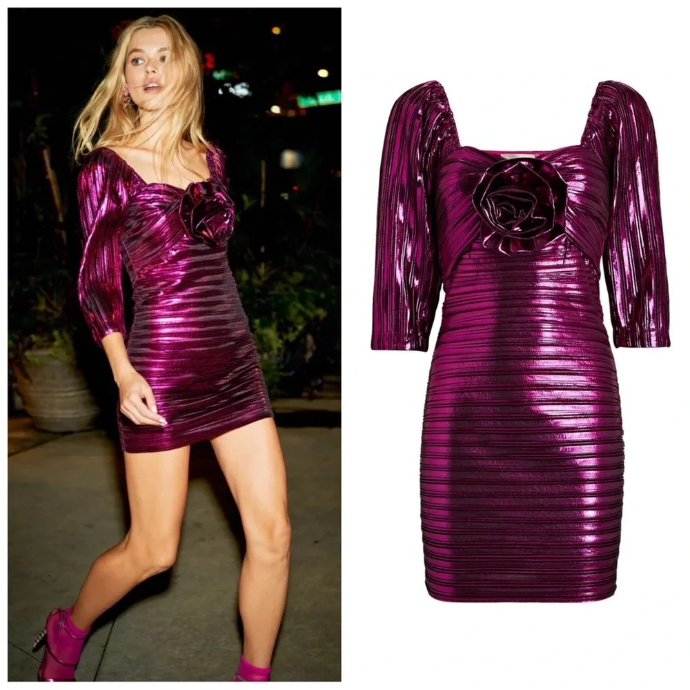 •LOVESHACKFANCY• Thompson Rose Appliqué Metallic Minidress in Fuchsia‎ Size 0 - Picture 15 of 15